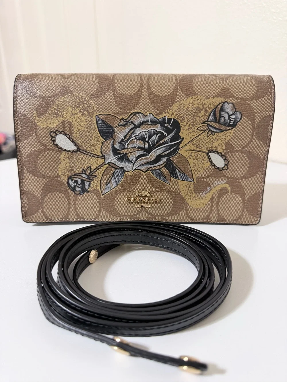 Coach x Chelsea Champlain Animation Tattoo Glitter Rose Signature Black Wallet